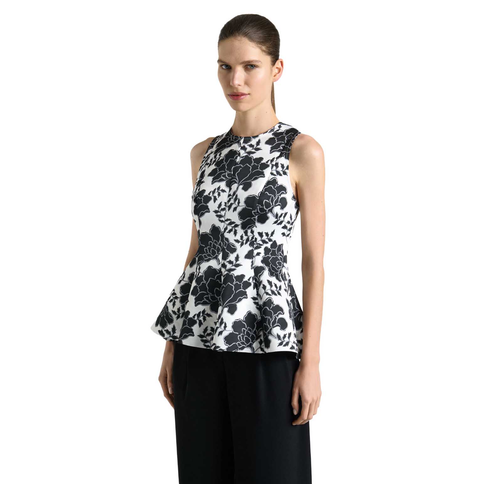 Cue Graphic Floral Satin Peplum Top